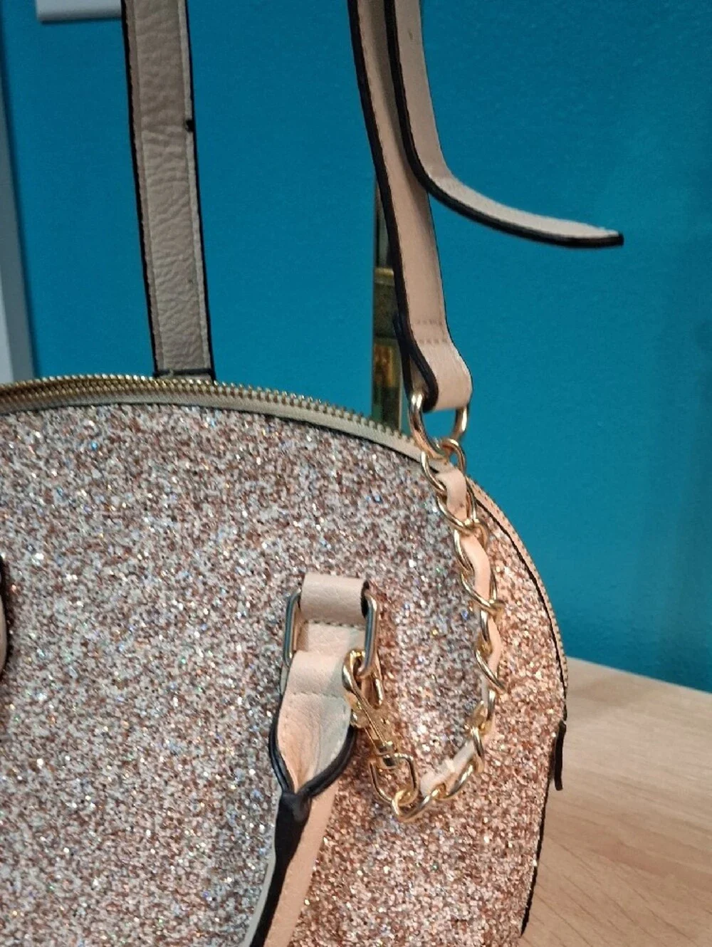 Aldo Rose Gold Glitter Satchel with Cream Handles